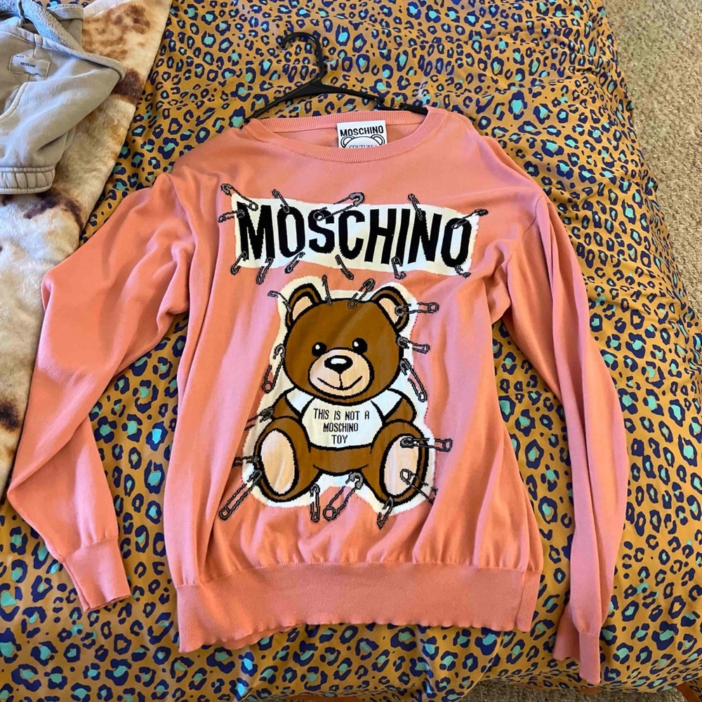 Authentic Moschino sweater size S-M women pink wool knit top with teddy bear toy